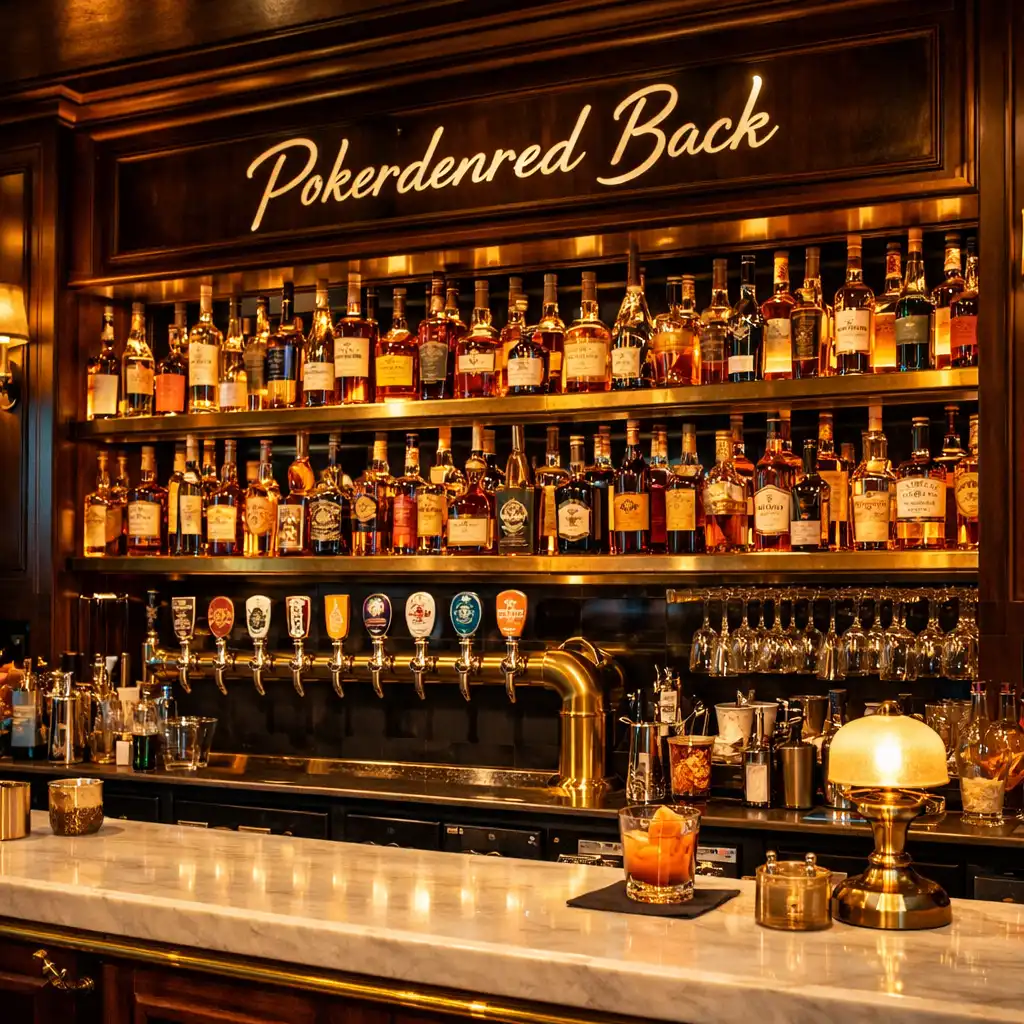 Backlit bar shelf with an extensive collection of whiskey bottles and craft beer taps at Pokerdenred Back