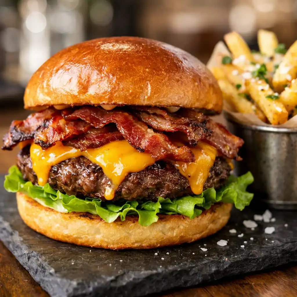 Gourmet burger with brioche bun, smoked cheddar, bacon and lettuce served with truffle fries