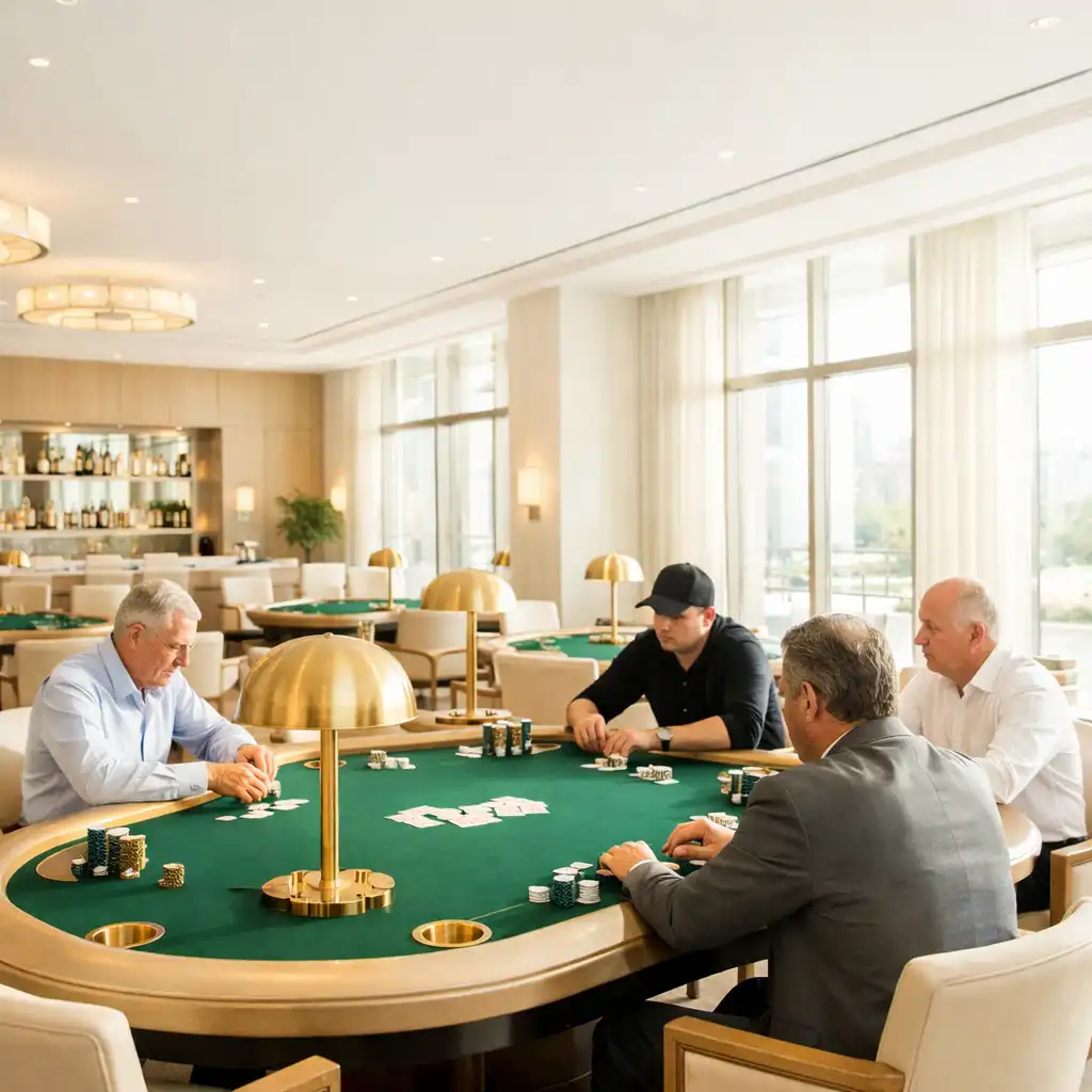 Sunlit architectural card lounge with professional poker tables and warm natural light