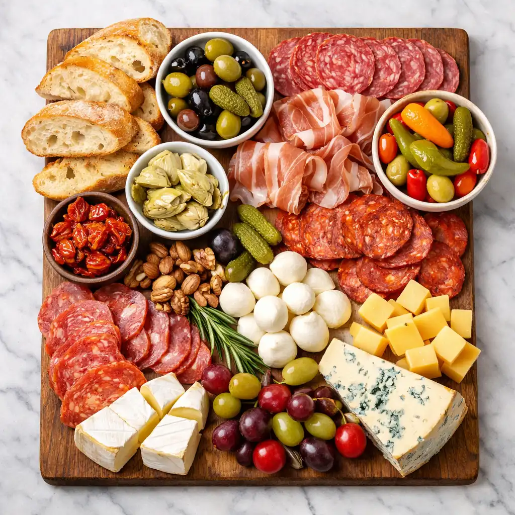 Charcuterie board with cured meats, artisanal cheeses, olives, pickled vegetables and crusty bread