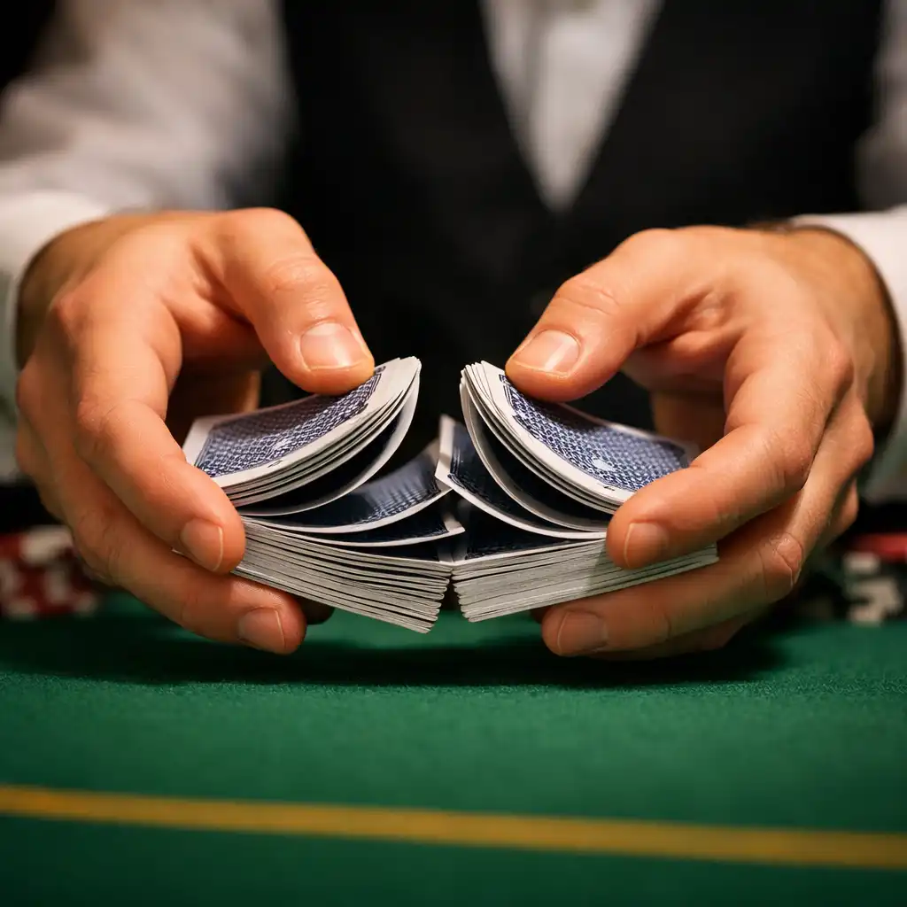 Professional dealer's hands shuffling a deck of playing cards over a pristine green poker table