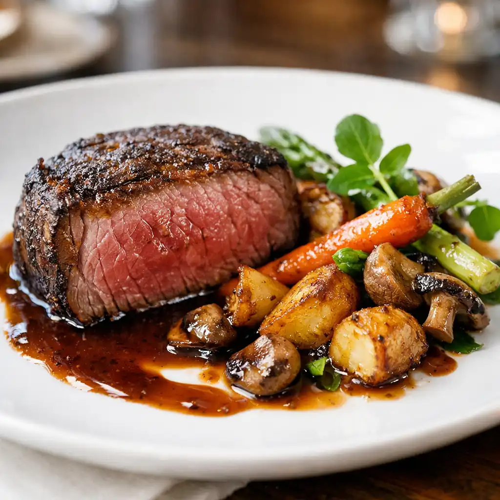 Beautifully plated dry-aged steak with roasted vegetables and rich sauce on a white ceramic plate