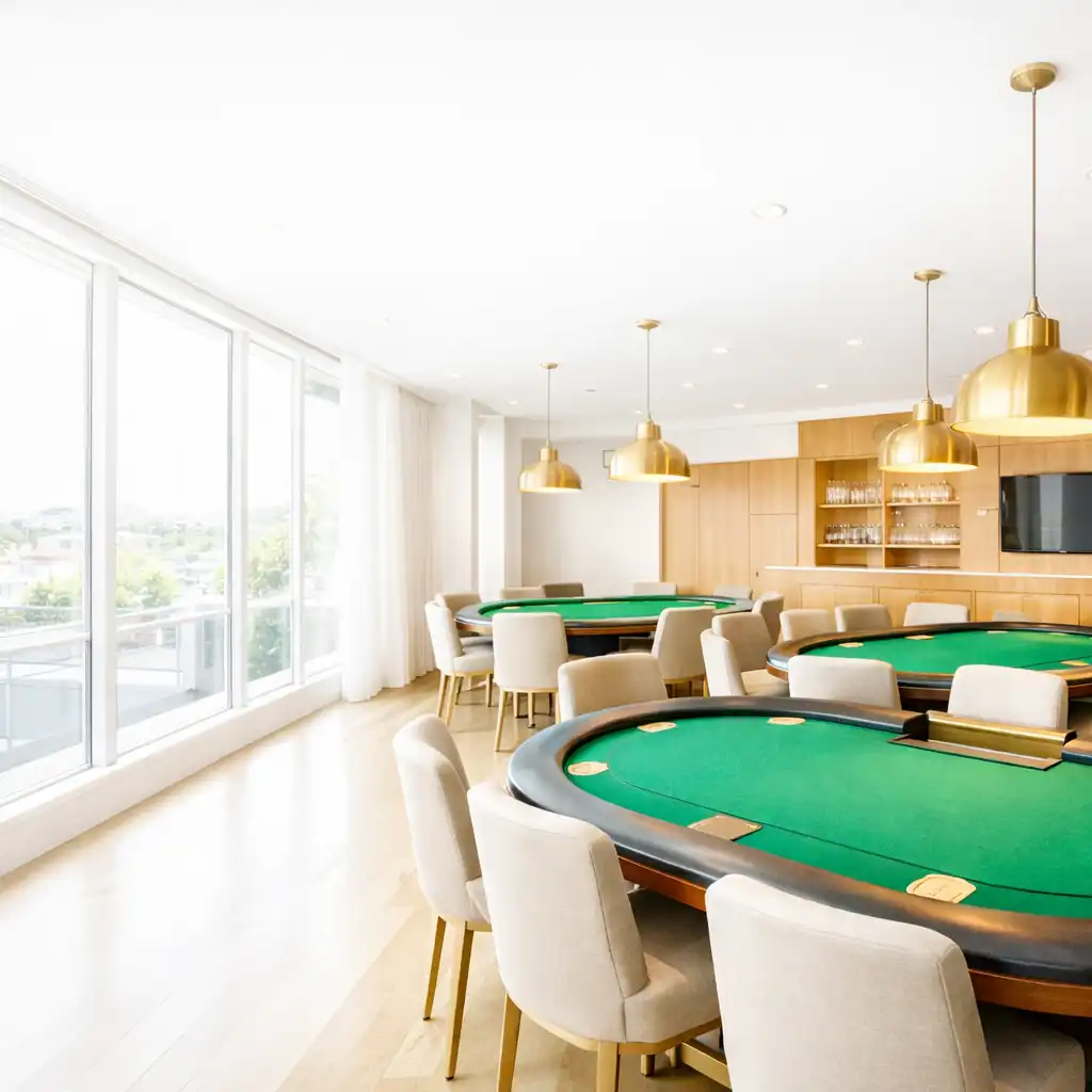 Sunlit architectural poker room with professional emerald felt tables, modern chairs, and large windows