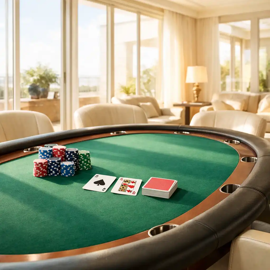 Sunlit professional poker table with ceramic chips and a deck of cards in a bright architectural room