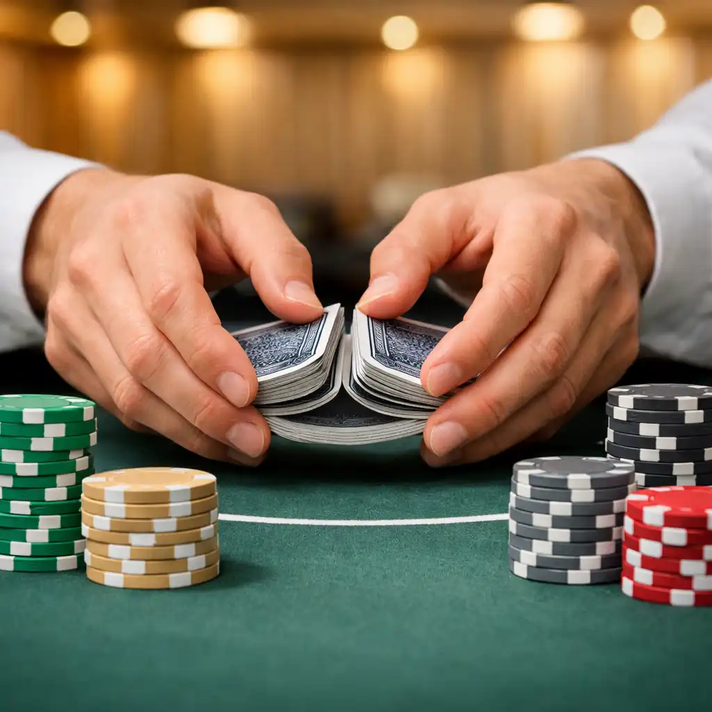 Close-up of a professional poker table with real cards and ceramic chips under warm spotlights