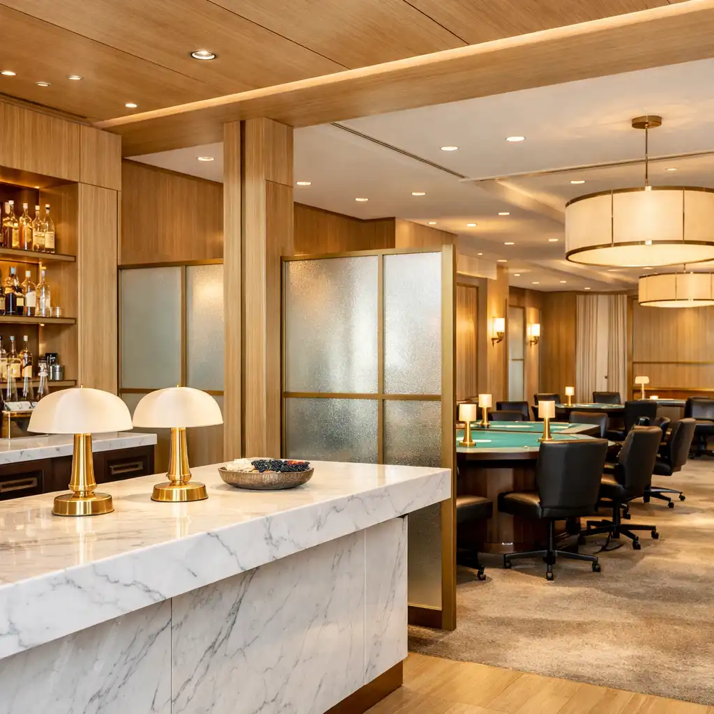 Bright upscale poker room interior with light wood finishes, white marble bar counter, and frosted glass partitions