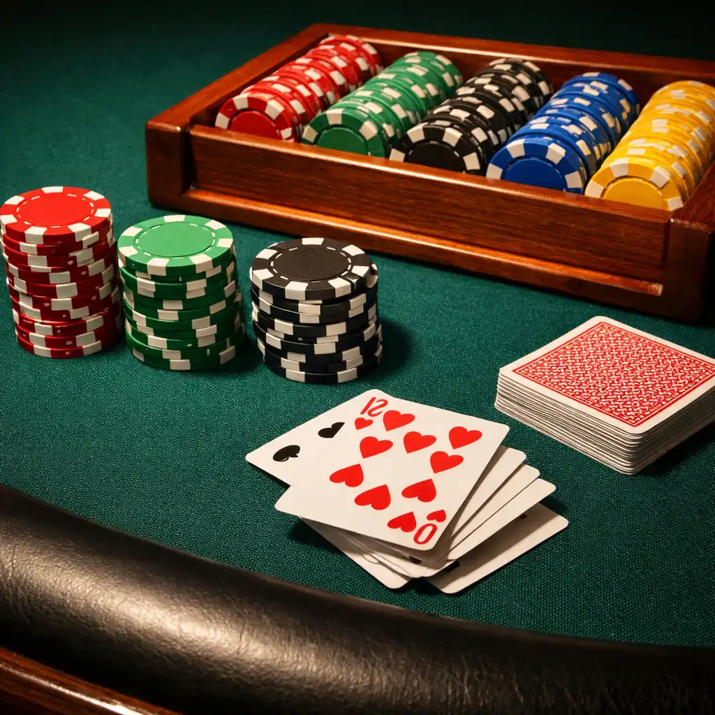 Close-up of a professional poker table with imported speed cloth, custom dealer tray, ceramic chips, and cards