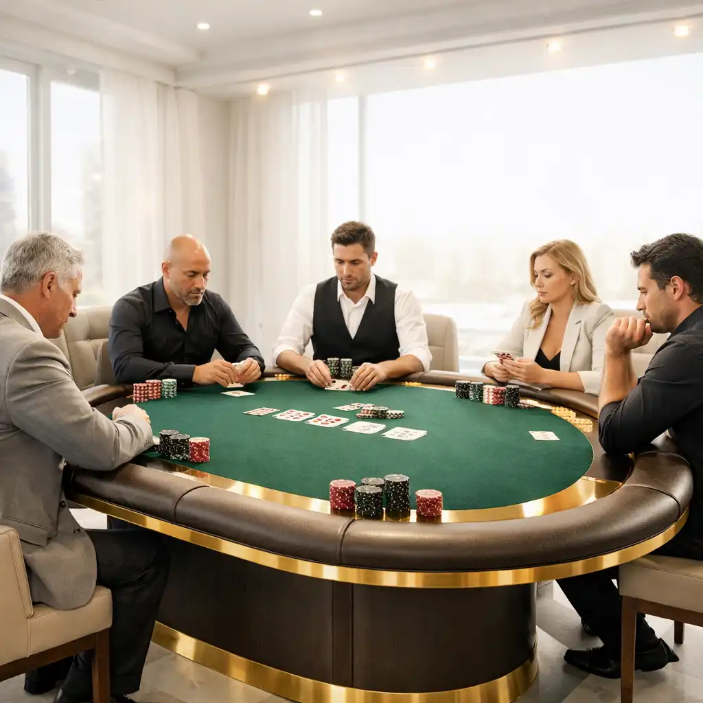 Sunlit premium poker table with focused players in an elegant architectural room