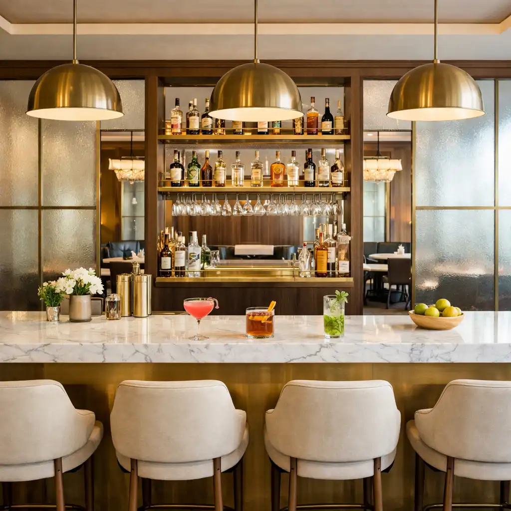 Premium bar and lounge area with white marble counter and brushed brass fixtures