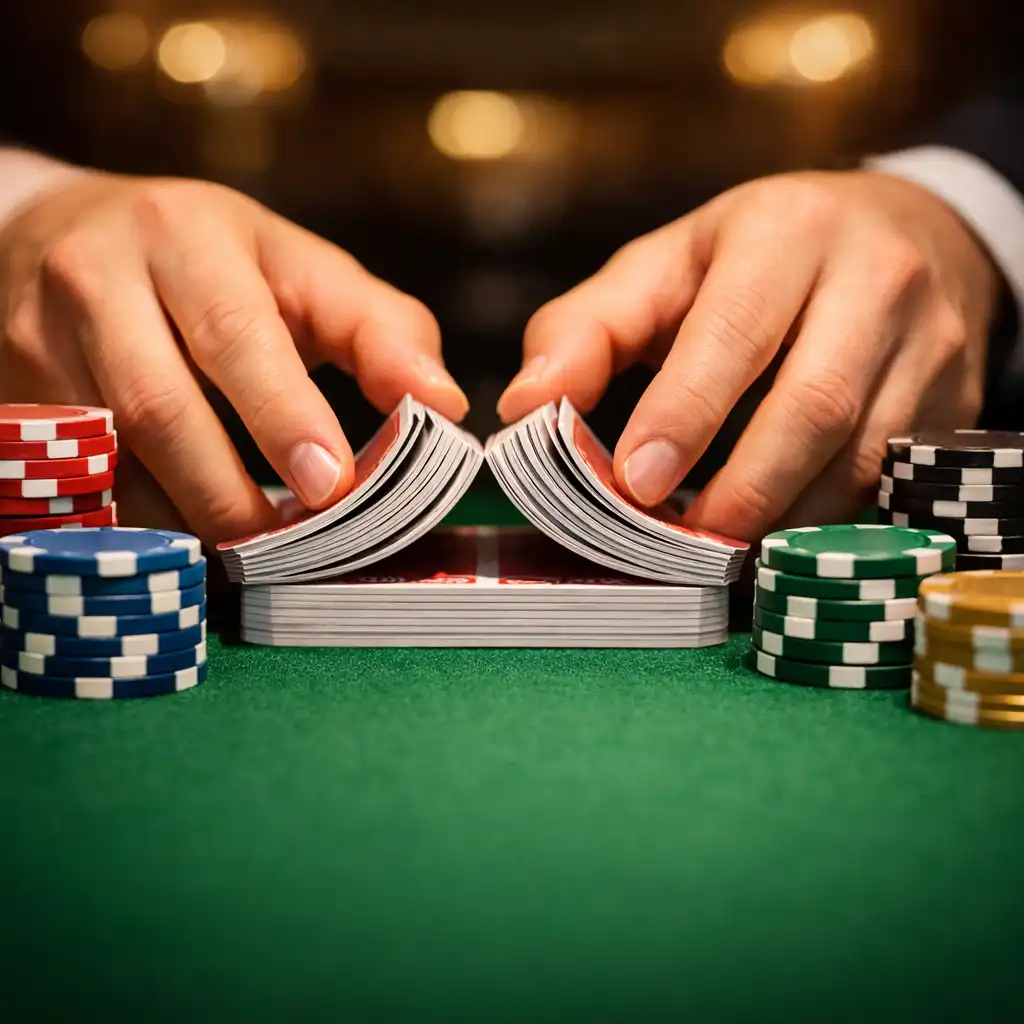 Close-up of a professional poker table with cards and ceramic chips in the private card room