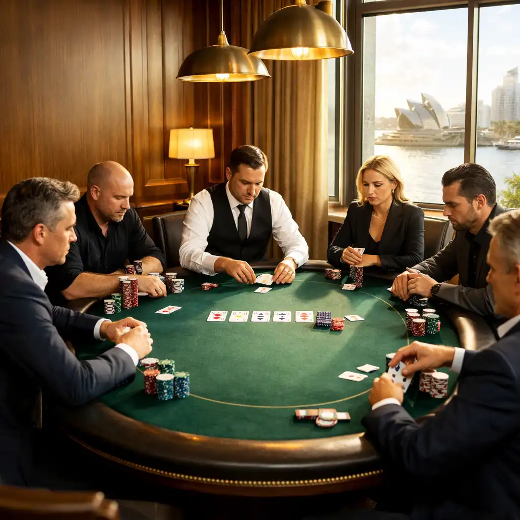 Sunlit private poker room with focused players around a premium table