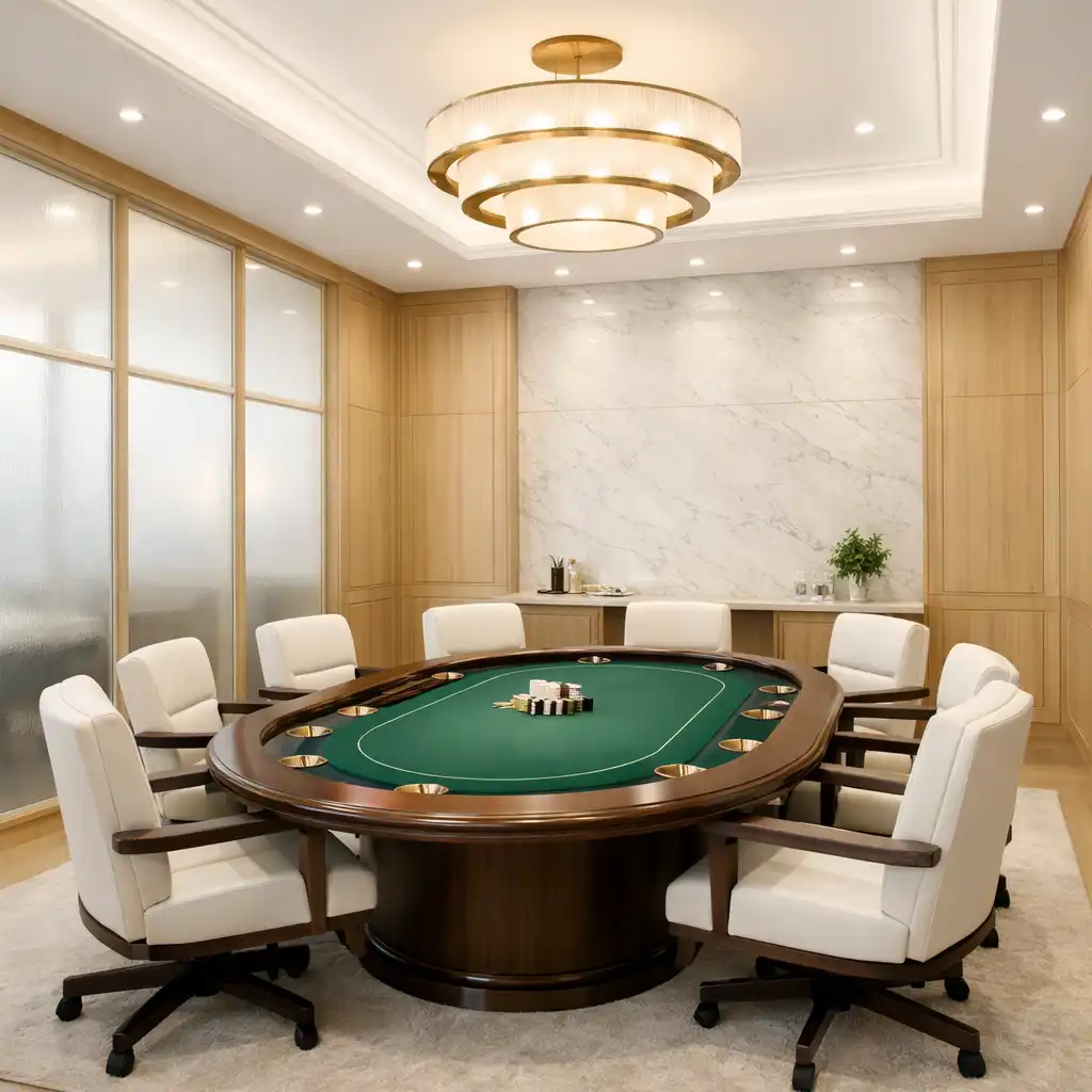 Bright private poker room interior with premium table and frosted glass partitions