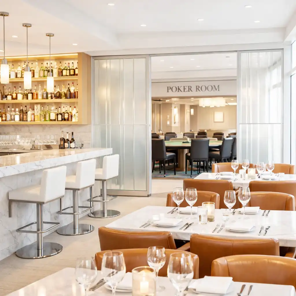 Upscale restaurant and cocktail lounge with white marble bar, frosted glass partitions, and premium spirits
