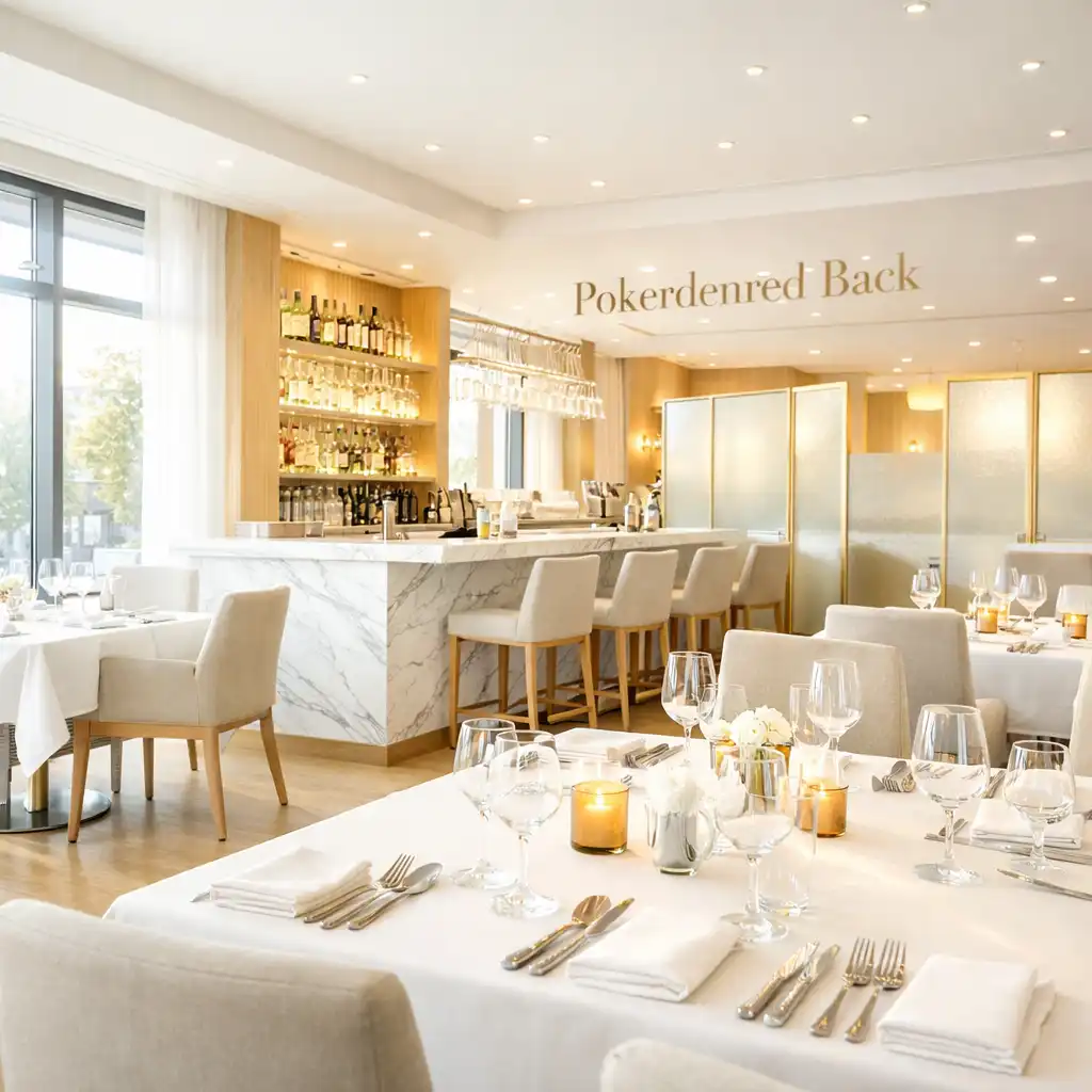 Bright, high-key restaurant interior at Pokerdenred Back with elegant table settings and warm sunlight