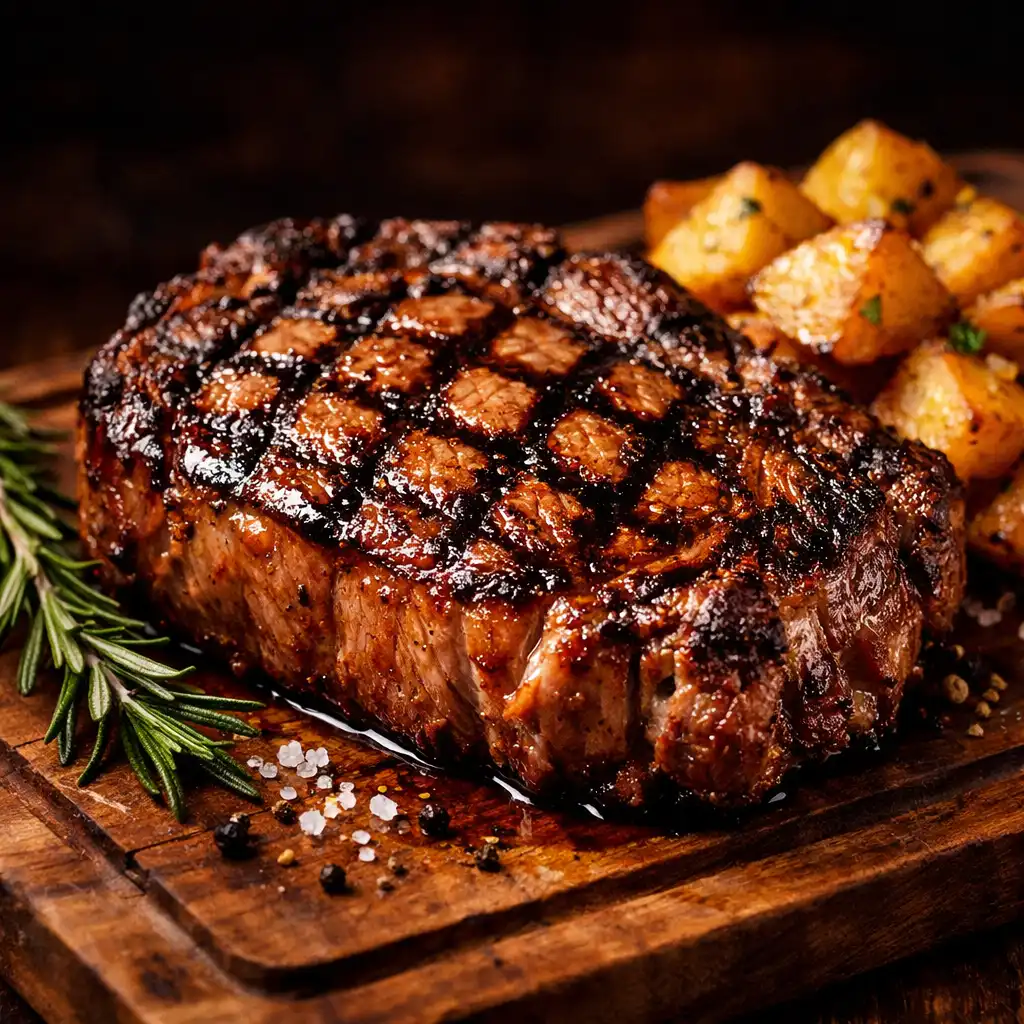 Thick grilled ribeye steak with char marks on a wooden board with rosemary and roasted potatoes