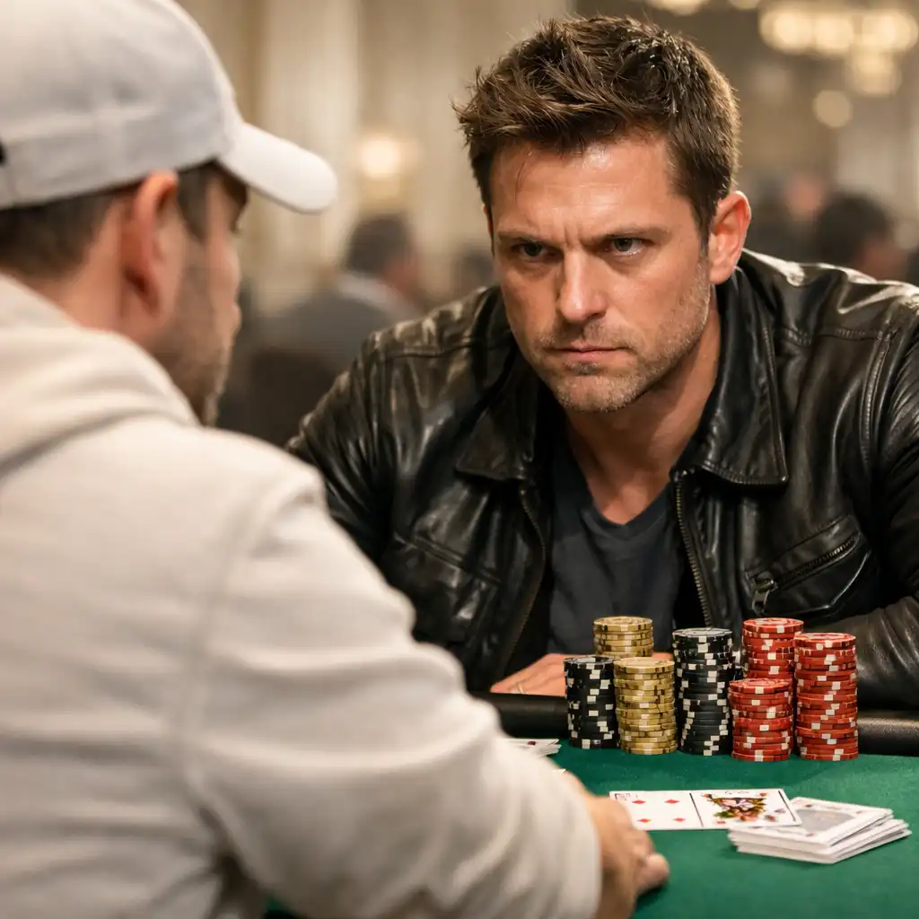 Two serious poker players facing each other across a tournament table in focused concentration