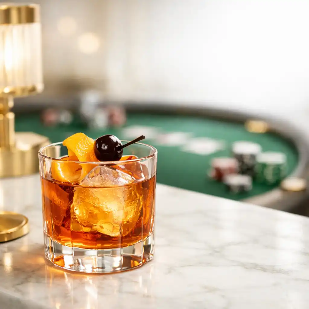 Elegant cocktail on a white marble bar counter with a blurred poker table in the background
