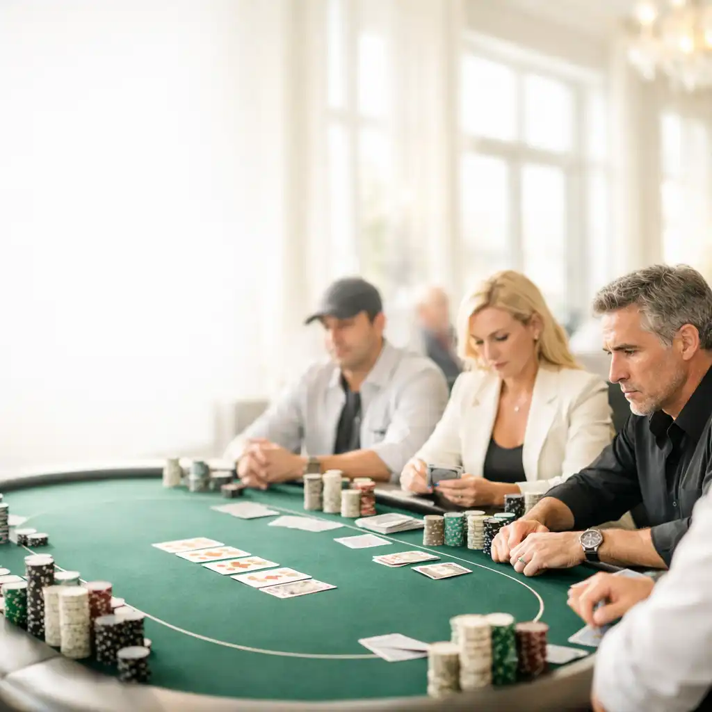 Professional poker tournament table in a bright, sunlit room with focused players and stacks of chips