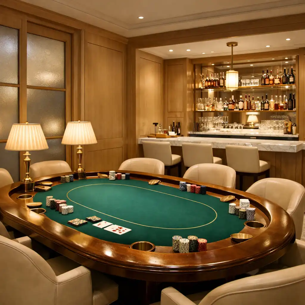 Elegant VIP private poker room with custom table, frosted glass partitions, and private bar